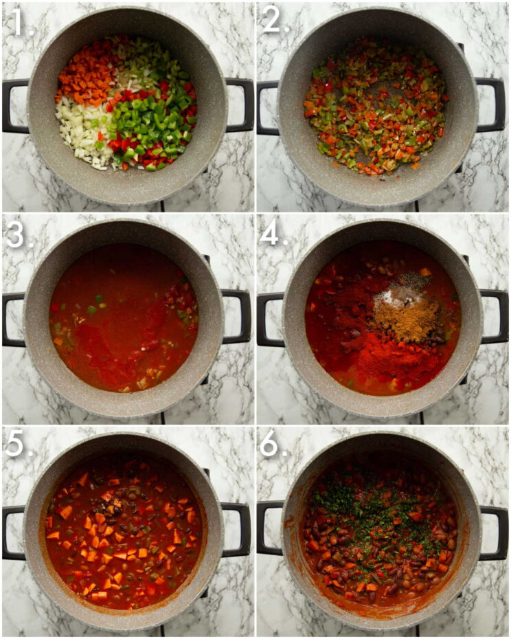 6 step by step photos showing how to make vegetable chilli