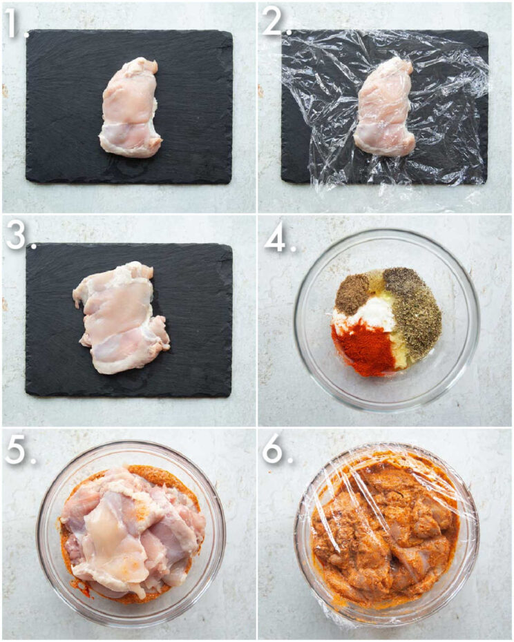 6 step by step photos showing how to prepare chicken gyros