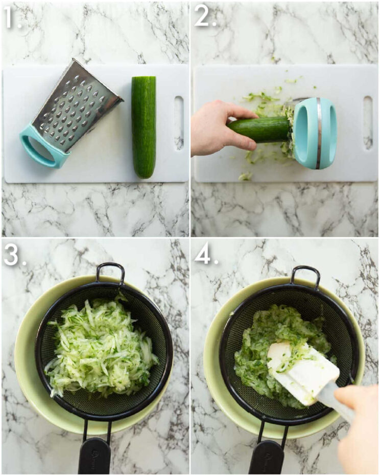 4 step by step photos showing how to prepare cucumber for tzatziki