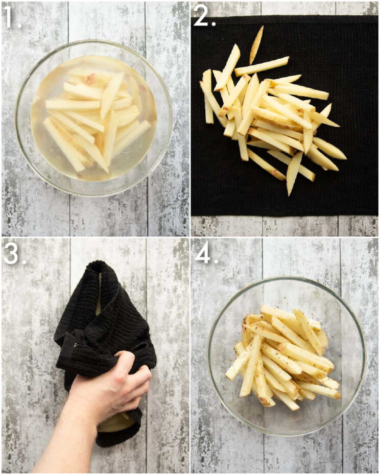 4 step by step photos showing how to prepare Greek fries