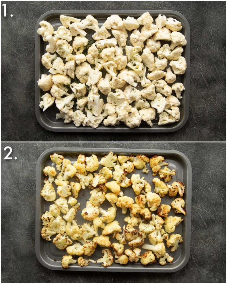 2 step by step photos showing how to roast cauliflower