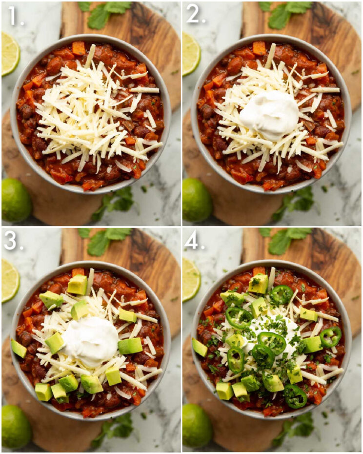 4 step by step photos showing how to serve vegetable chilli
