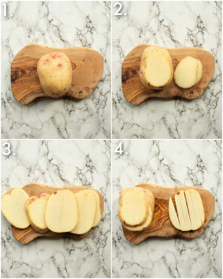 4 step by step photos showing how to slice fries