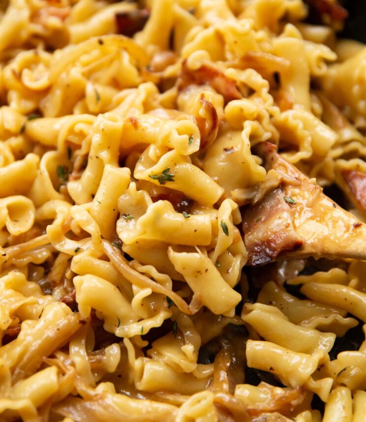 close up shot of wooden spoon digging into skillet of brie pasta