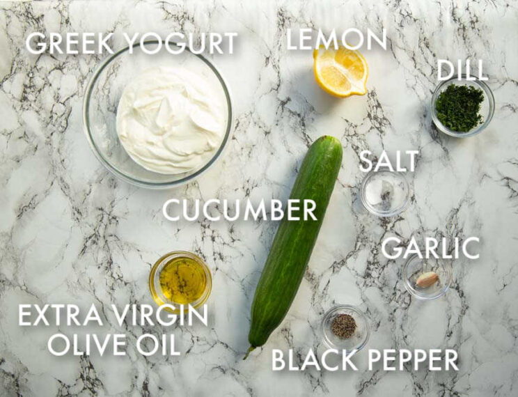 overhead shot of Tzatziki ingredients with text labels
