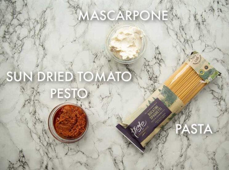 creamy tomato pasta ingredients with text labels