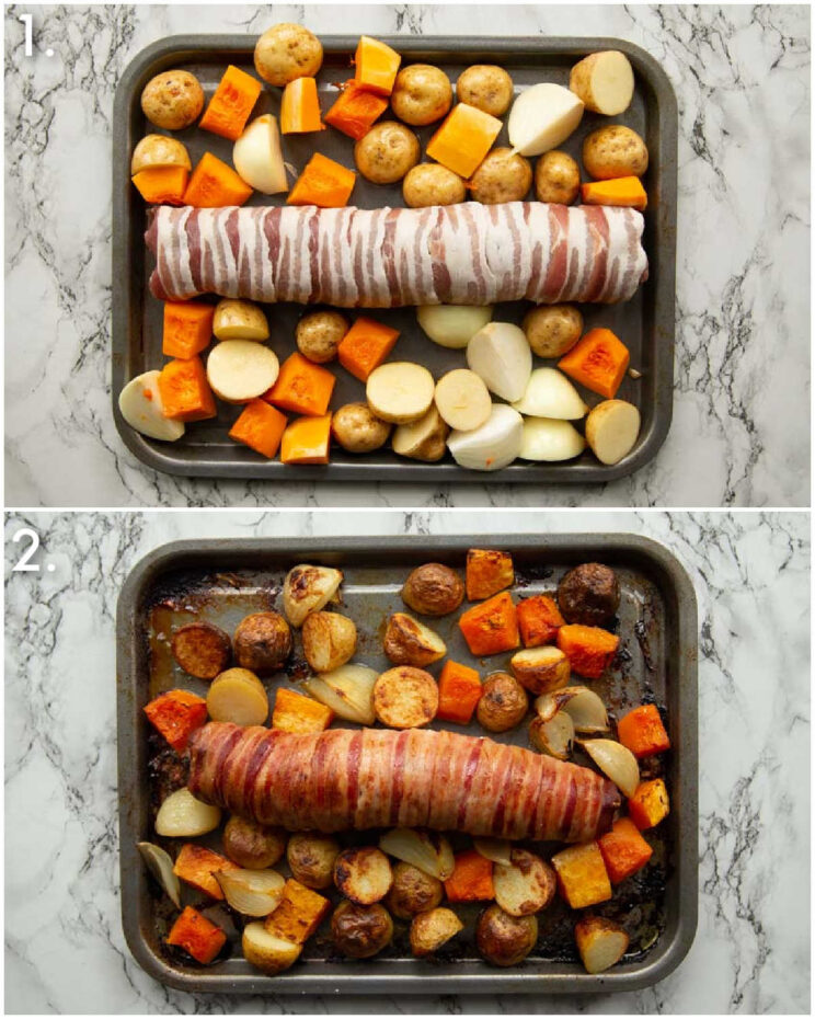 2 step by step photos showing how to bake pork tenderloin