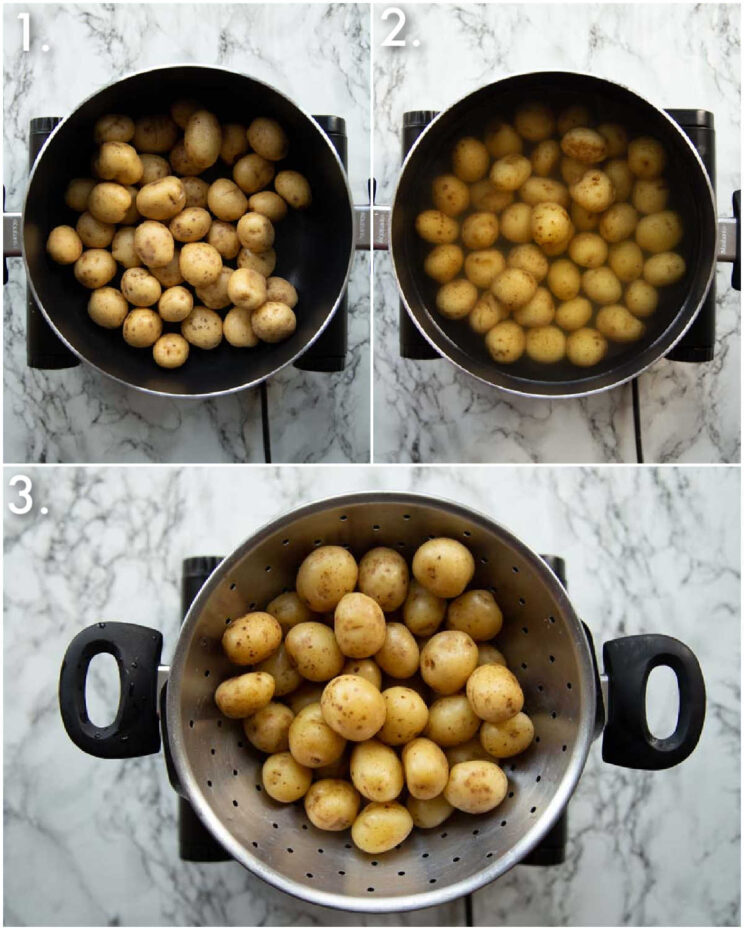3 step by step photos showing how to boil baby potatoes 