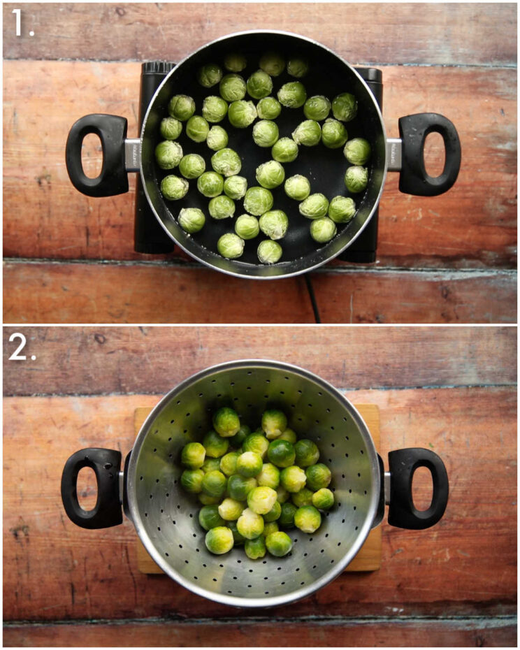 2 step by step photos showing how to boil brussels sprouts