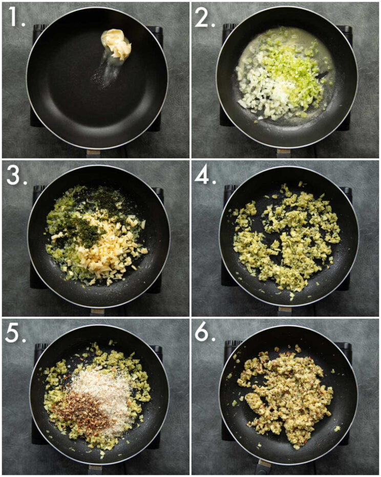6 step by step photos showing how to make sage and apple stuffing