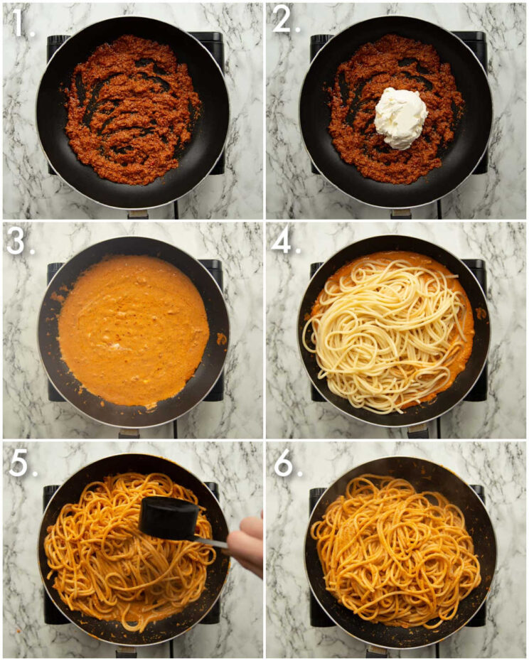 6 step by step photos showing how to make creamy tomato pasta