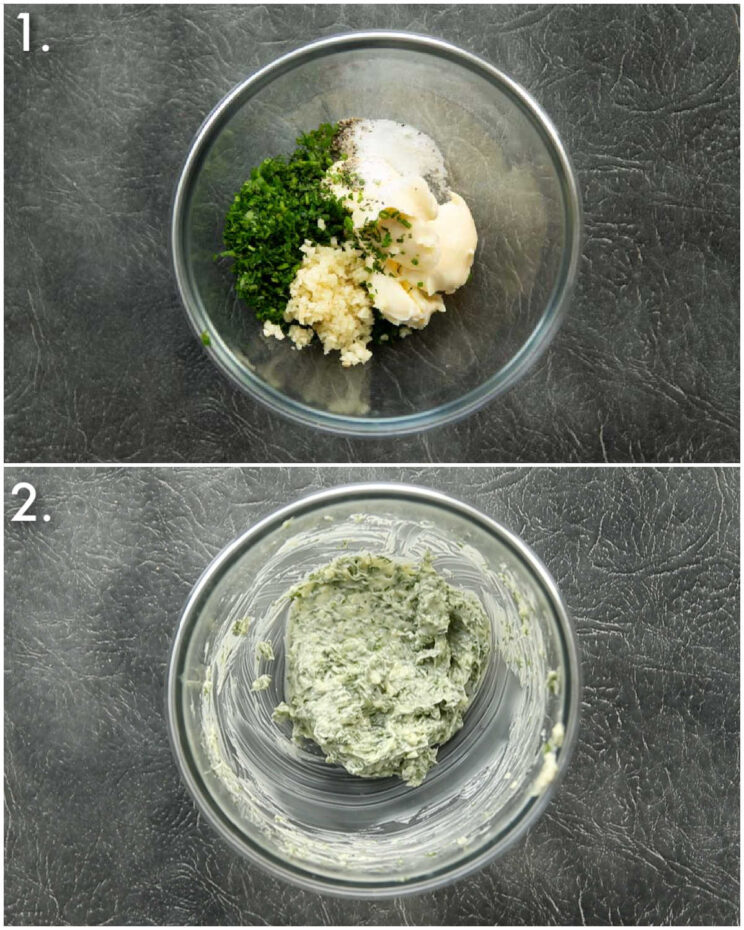 2 step by step photos showing how to make garlic herb butter