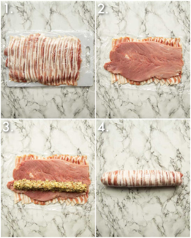 4 step by step photos showing how to make pork tenderloin wrapped in bacon