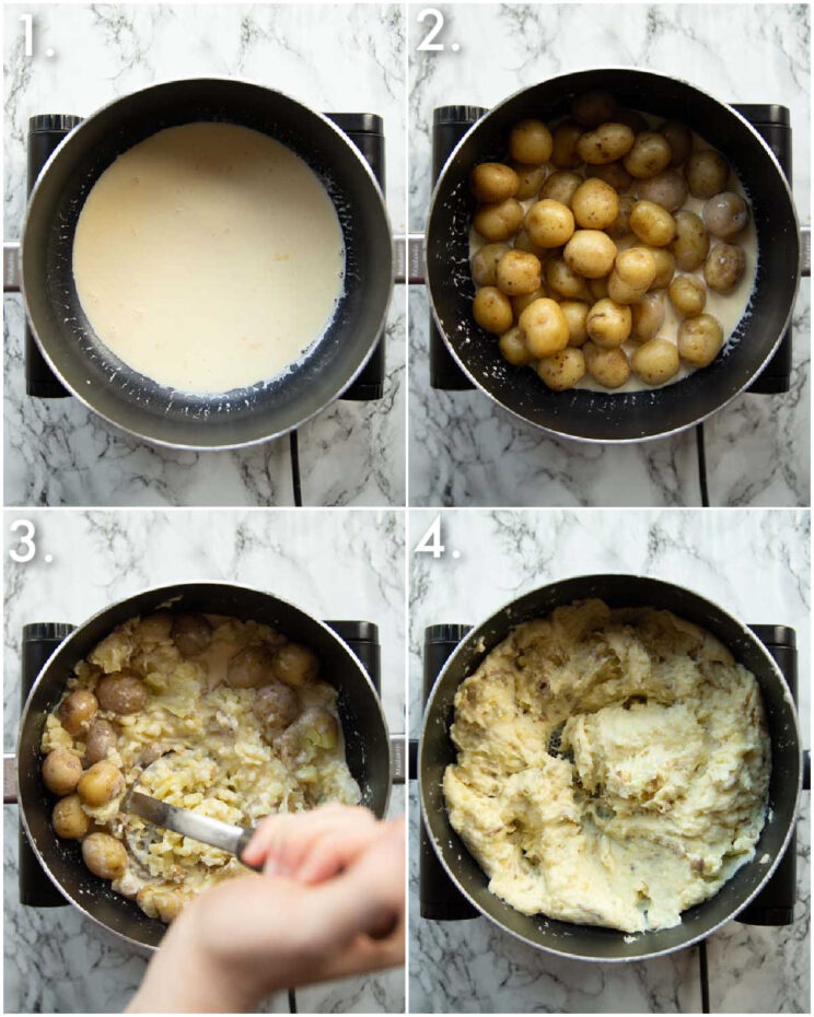 4 step by step photos showing how to make skin on mashed potatoes