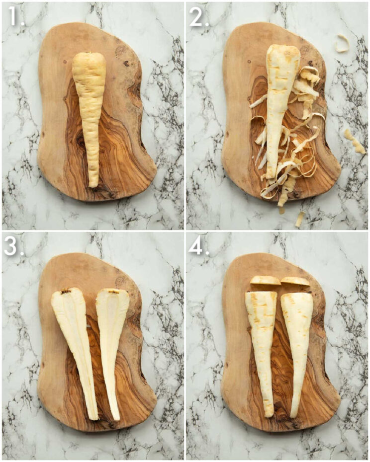 4 step by step photos showing how to prepare parsnips