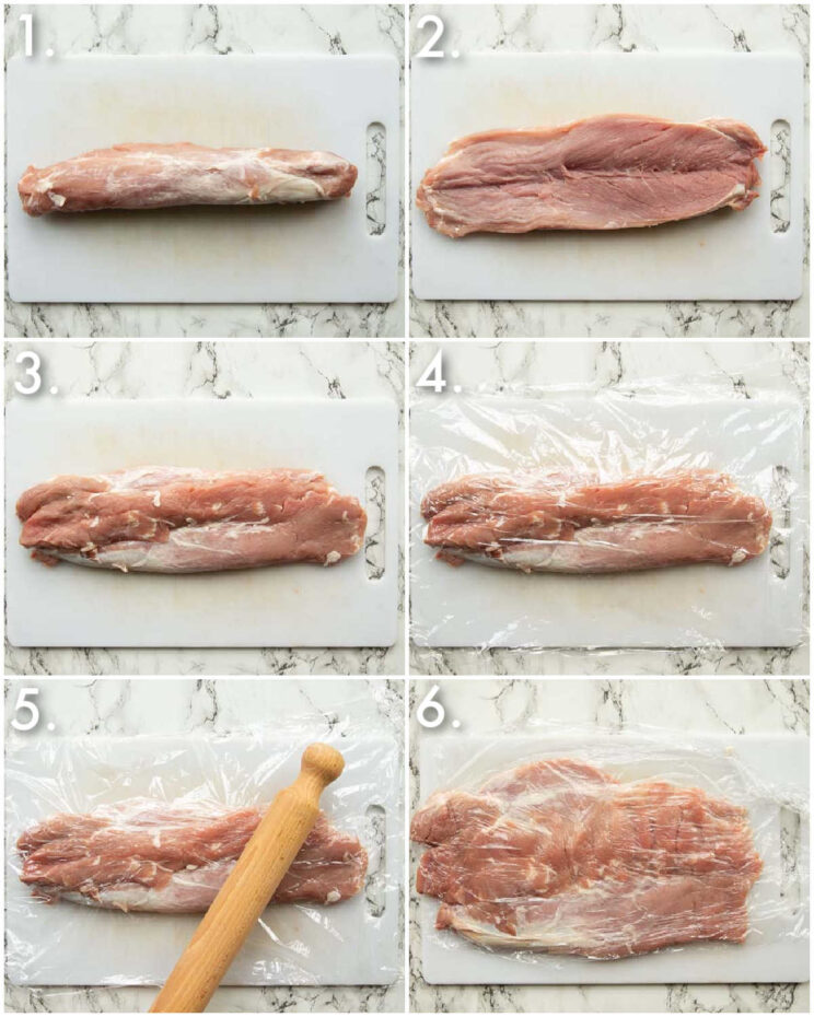 6 step by step photos showing how to prepare pork tenderloin