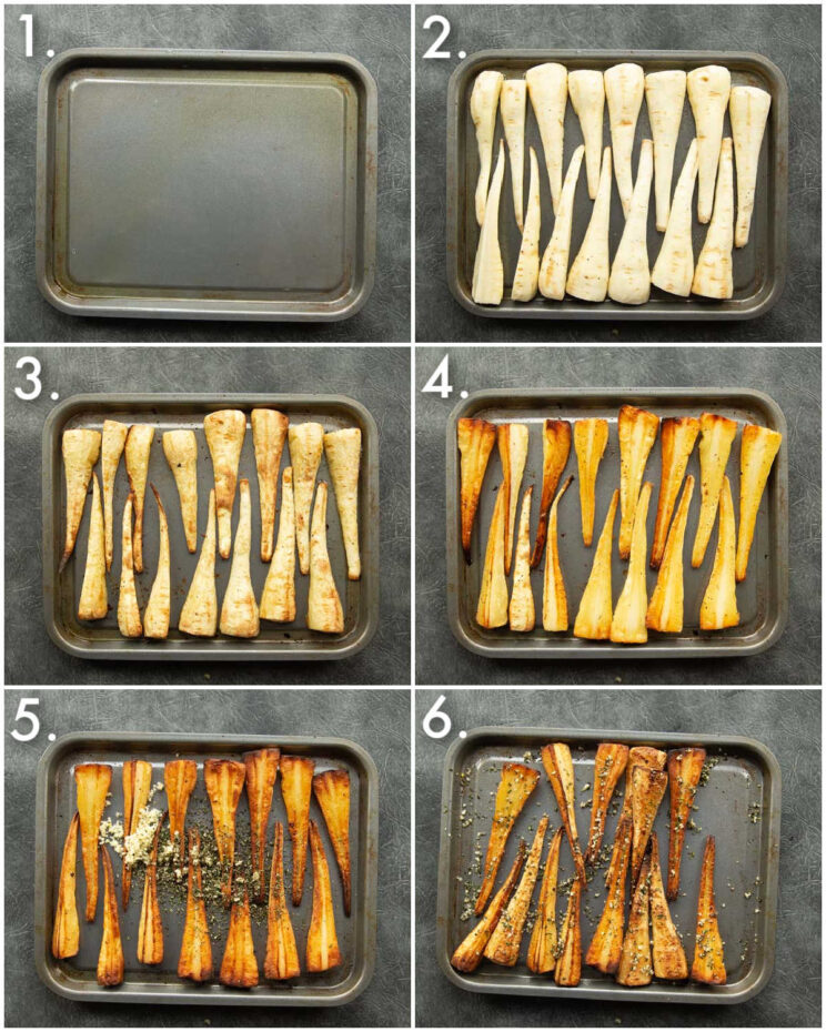 6 step by step photos showing how to roast parsnips