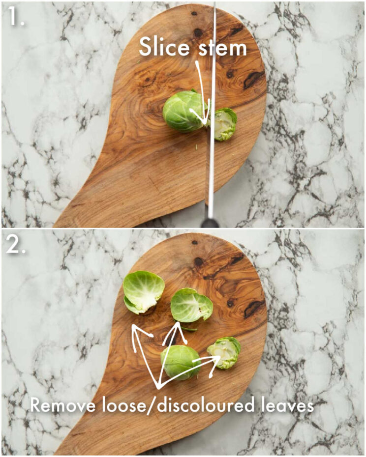 2 step by step photos showing how to trim brussels sprouts