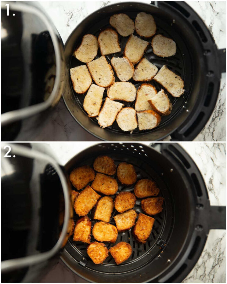 2 step by step photos showing how to air fry bagel chips