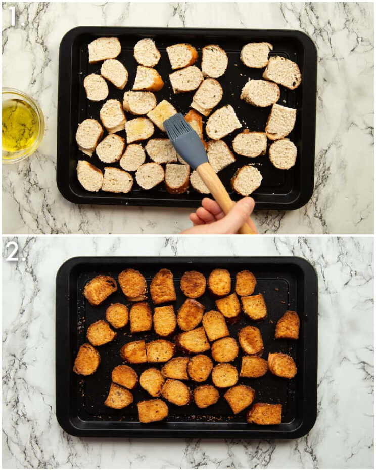 2 step by step photos showing how to bake bagel chips