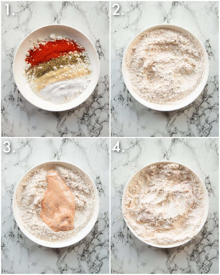 4 step by step photos showing how to bread chicken cutlets