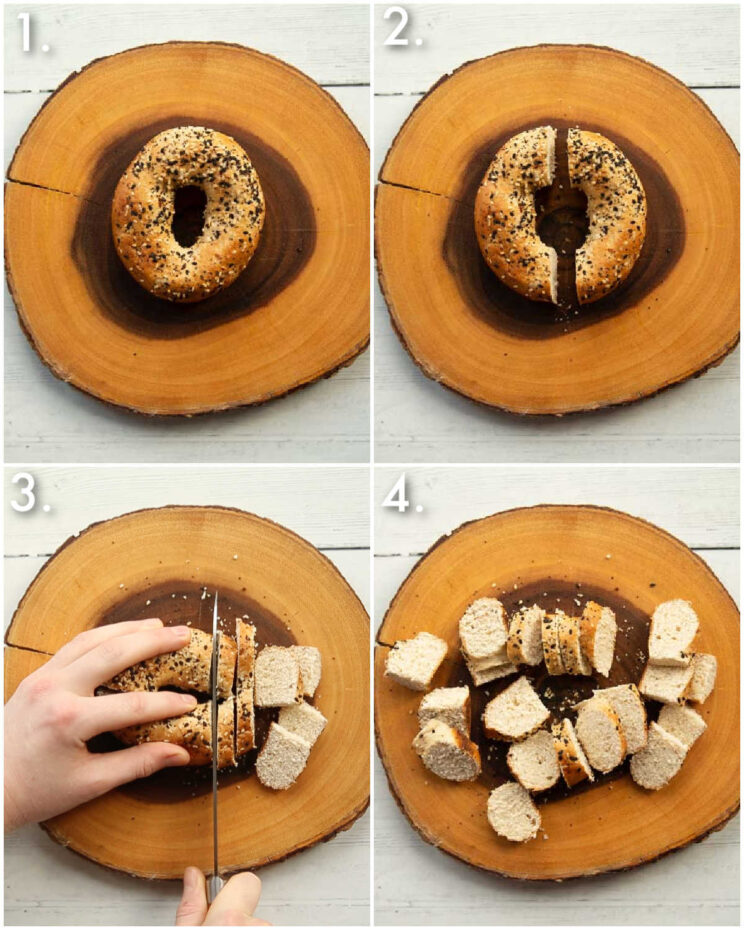 4 step by step photos showing how to cut bagel chips