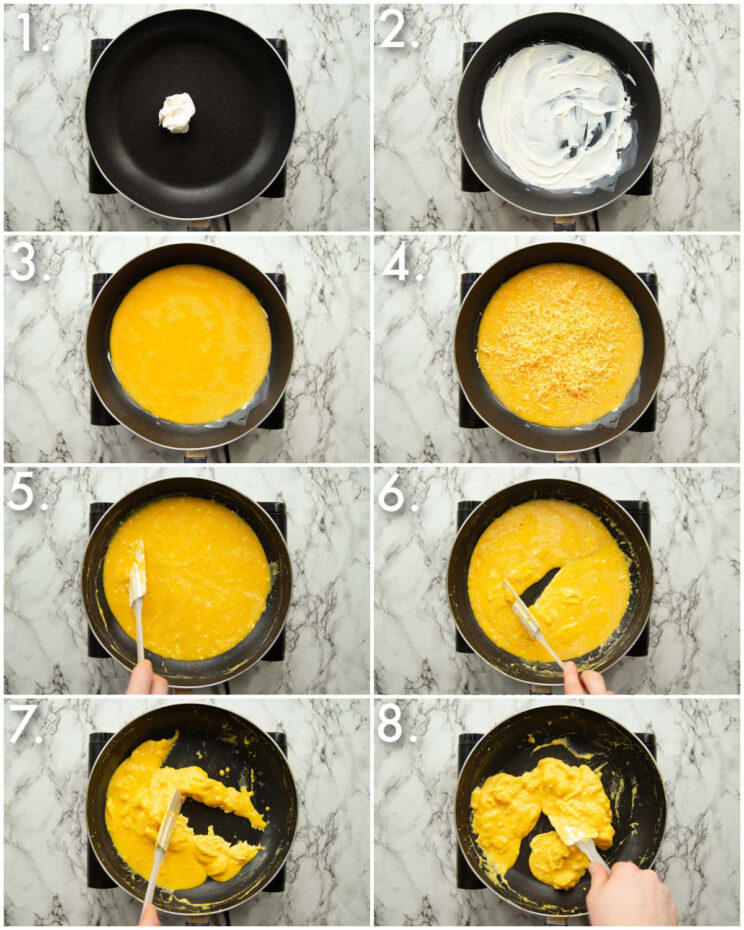 8 step by step photos showing how to make cheesy scrambled eggs