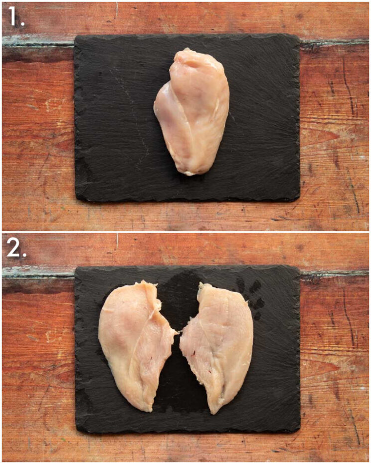 2 step by step photos showing how to make chicken cutlets