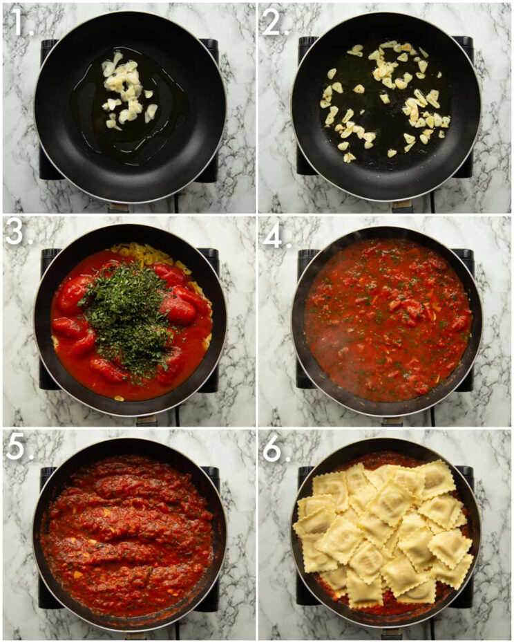 6 step by step photos showing how to make tomato sauce for ravioli