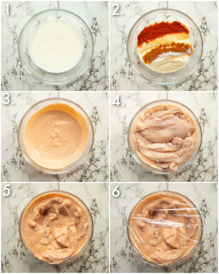 6 step by step photos showing how to marinate chicken cutlets