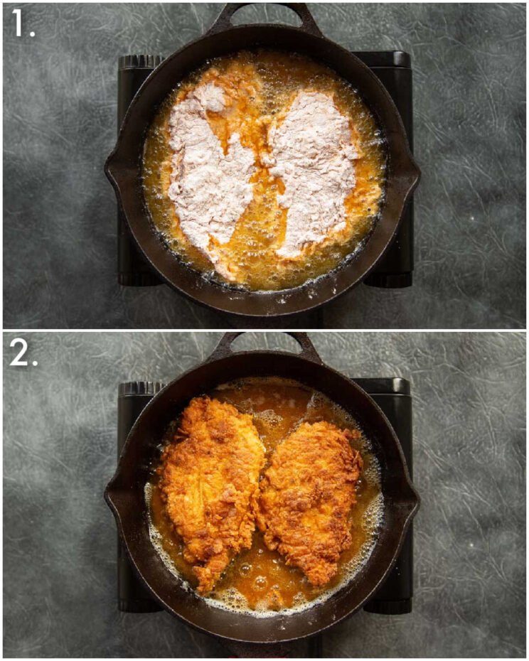 2 step by step photos showing how to shallow fry chicken