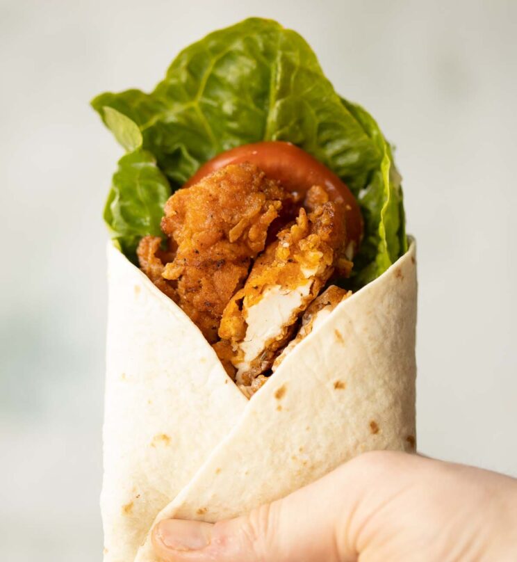 close up shot of hand holding fried chicken wrap