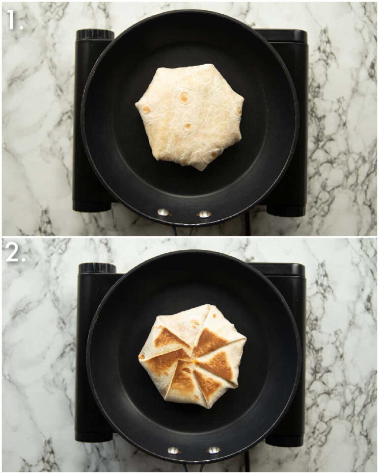 2 step by step photos showing how to fry tuna crunchwraps