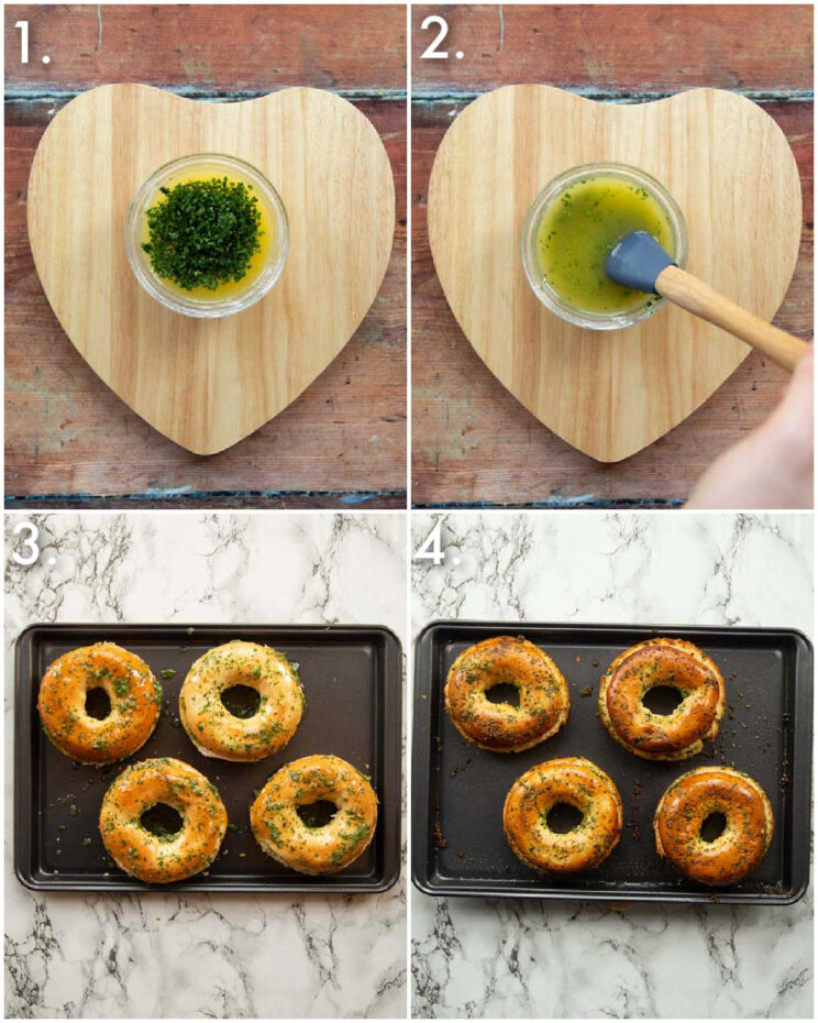 4 step by step photos showing how to make cheesy garlic bagels