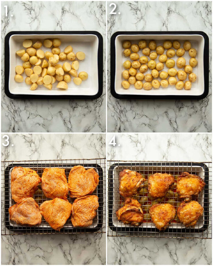 4 step by step photos showing how to make chicken and potatoes