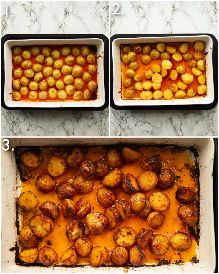 3 step by step photos showing how to make chicken fat potatoes