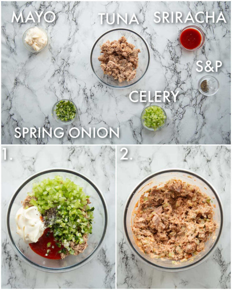 3 step by step photos showing how to make spicy tuna
