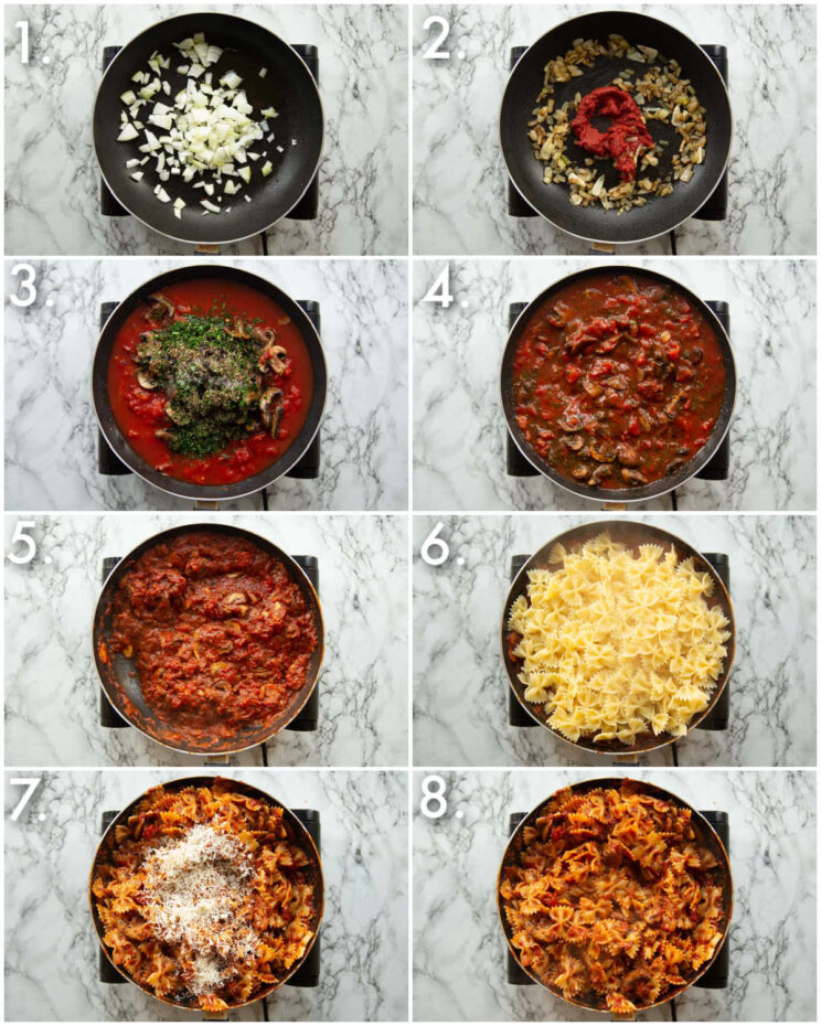 8 step by step photos showing how to make tomato mushroom pasta