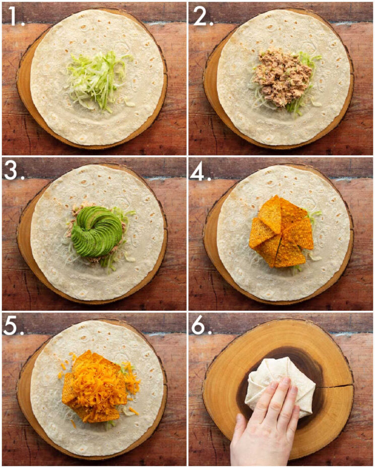 6 step by step photos showing how to make tuna crunchwraps