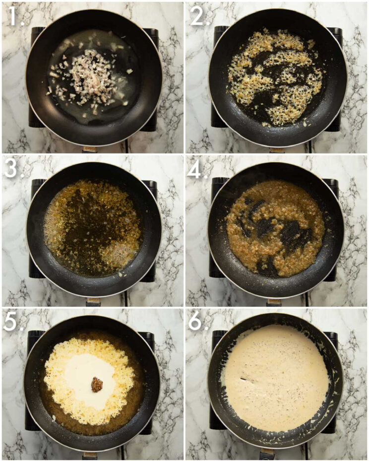 6 step by step photos showing how to make whiskey cream sauce