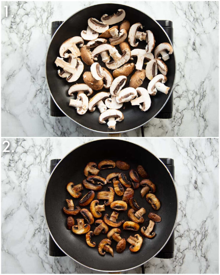 2 step by step photos showing how to pan fry mushrooms