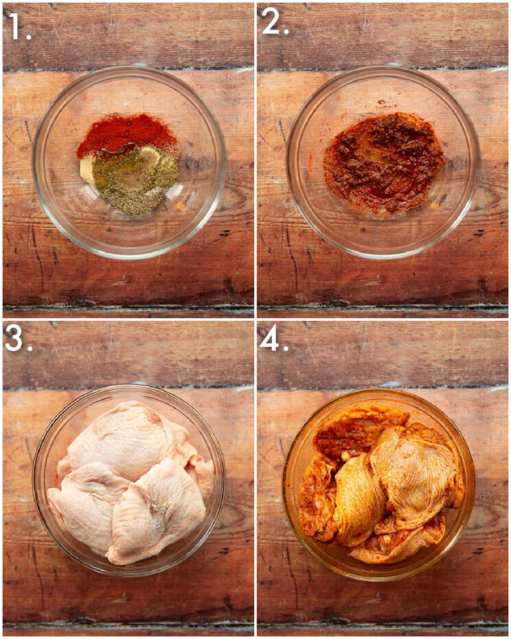 4 step by step photos showing how to season chicken thighs