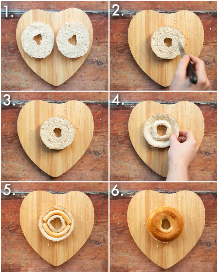 6 step by step photos showing how to stuff bagels with cheese