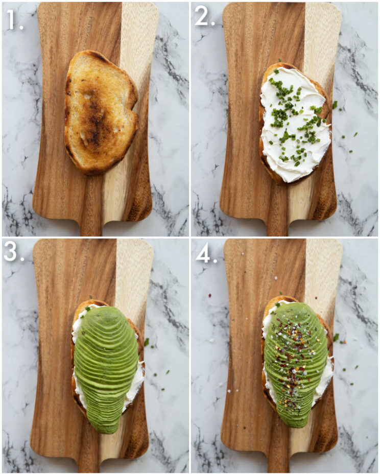 4 step by step photos showing how to make avocado cream cheese toast