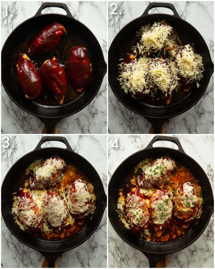 4 step by step photos showing how to make hunters chicken
