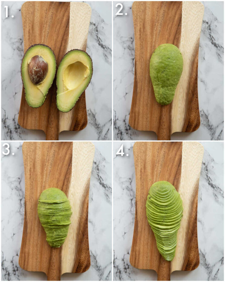 4 step by step photos showing how to slice avocado