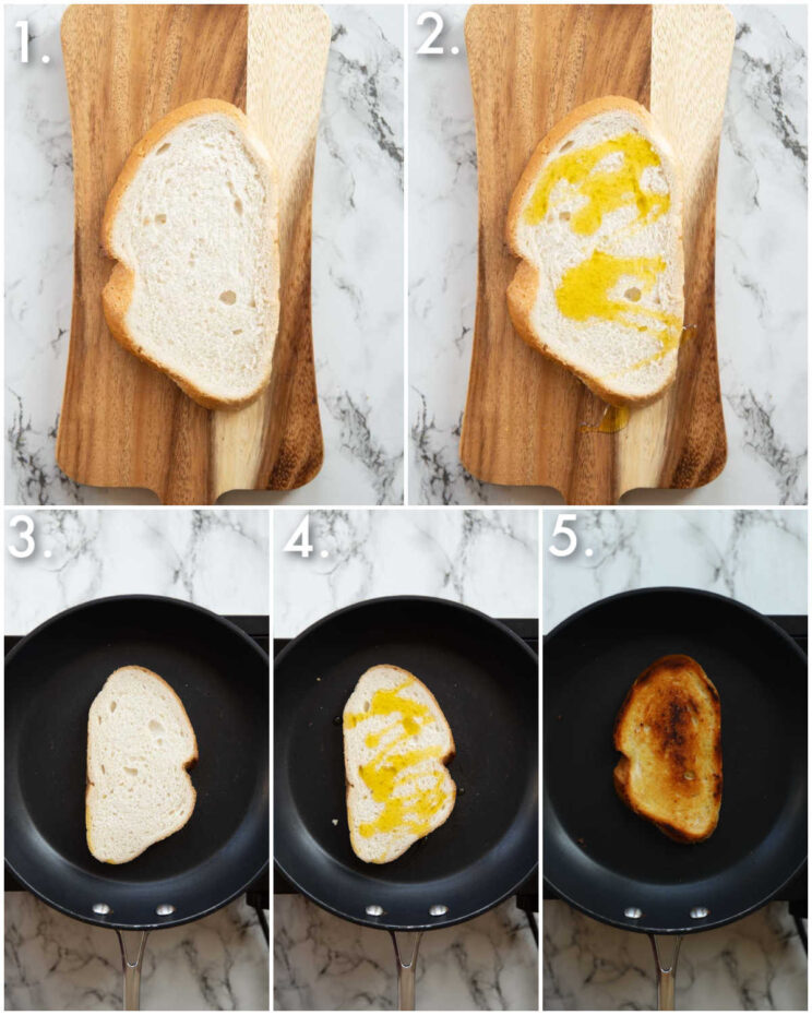 5 step by step photos showing how to toast bread
