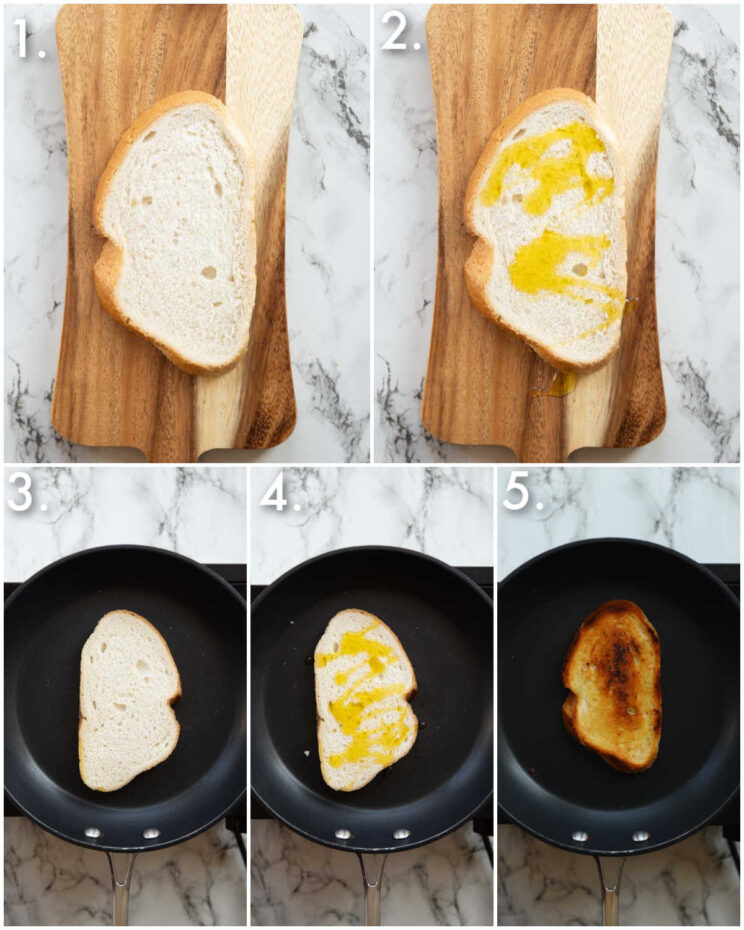 5 step by step photos showing how to toast bread