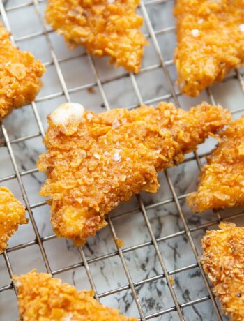 close up shot of Dorito crusted cheese triangles on wire rack garnished with sea salt