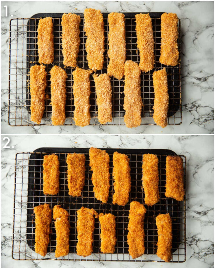 2 step by step photos showing how to bake fish fingers